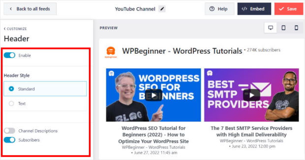 set up header youtube feed pro