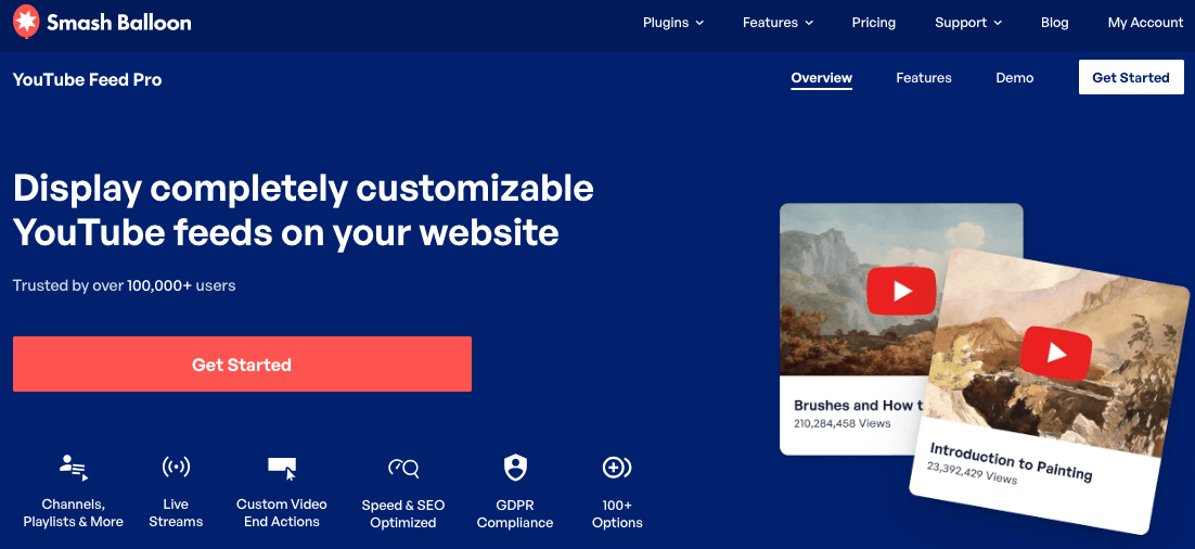 homepage for the youtube feed pro plugin
